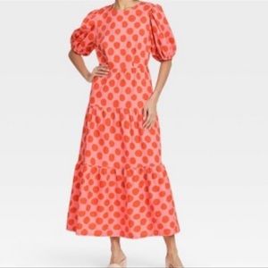 Who What Wear Orange & pink polka dot maxi dress with puffy sleeves.